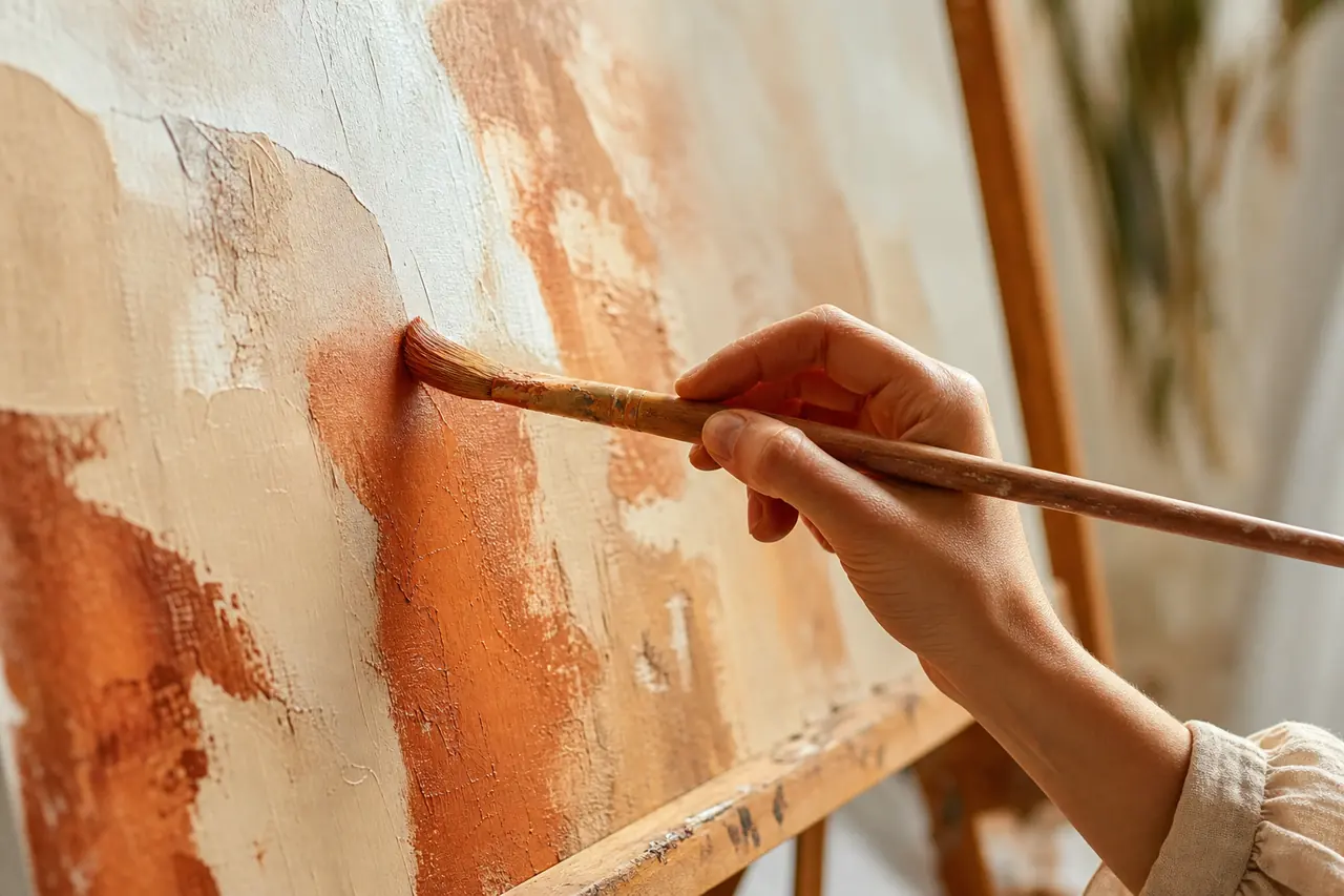 Atelier en Tunisie : finition d'un tableau décoratif avant livraison